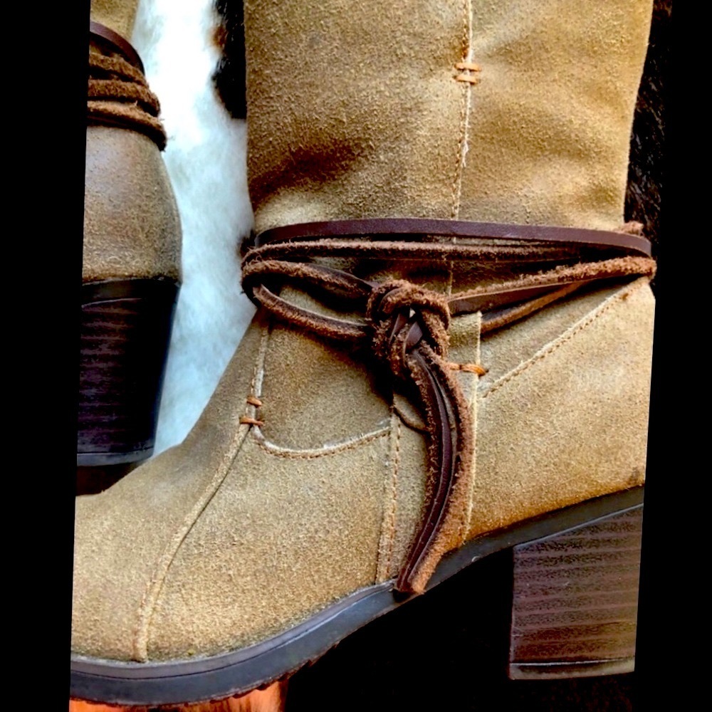 LEATHER BOOTS 2 1/4” HEEL EDDIE BAUER TAN ROUGH OUT STURDY RUBBER SOLE 6 M EUC - Picture 2 of 5
